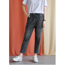 women new fall black gray cotton loose pants casual elastic waist jeans