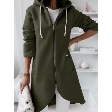 Women Solid Color Side Pocket Asymmertrical Hem Hoodie With Front Zipper