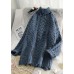 Vintage blue knit blouse spring plus size high neck knit sweat tops