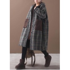 diy patchwork pockets fine hooded maxi coat green plaid tunic jackets