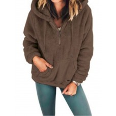 Women Plush Warm Hooded Solid Zipper Long Sleeve Kangaroo Pocket Casual Sweatshirts