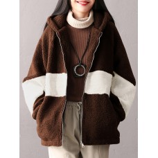 Women Plush Comfortable Patchwork Casual Side Pockets All Match Hoodie