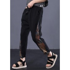 women vintage side prints cotton loose trousers black elastic waist casual pants