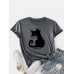 Women Cartoon Cat Print Round Neck Casual Short Sleeve T  Shirts