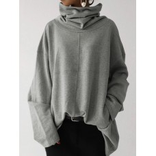 Women Turtleneck Stitching Design Wide Sleeves Solid Loose Pullover Sweatshirt