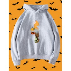 Women Halloween Pumpkin Skeleton Head Reflection Print Casual Regular Hoodie