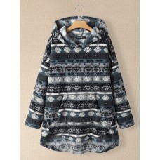 Women Fluffy Tribal Pattern Hooded High  low Hem Casual Home Wear Long Sleeve Sweatshirt