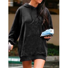 Women Solid Puff Sleeve Simple Velvet Sweatshirt with Front Pocket