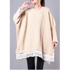 Winter beige knit top silhouette o neck Batwing Sleeve plus size clothing knitwear