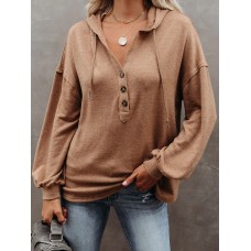 Women Solid Color Half Button Front Drop Shoulder Hoodie