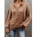 Women Solid Color Half Button Front Drop Shoulder Hoodie