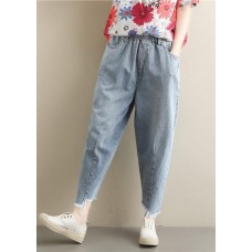 New Korean retro trousers  elastic waist light blue jeans summer