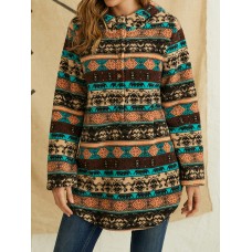 Ethnic Pattern Print Vintage Pocket Hooded Casual Coat for Women