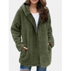 Women Fluffy Solid Full Zipper Hood Side Pocket Long Sleeve Warm Casual Hooded Sweatshirts