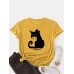 Women Cartoon Cat Print Round Neck Casual Short Sleeve T  Shirts