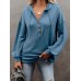 Women Solid Color Half Button Front Drop Shoulder Hoodie