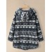 Women Fluffy Tribal Pattern Hooded High  low Hem Casual Home Wear Long Sleeve Sweatshirt